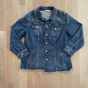 Chico's Dark Blue Denim Jacket with Raw Hem